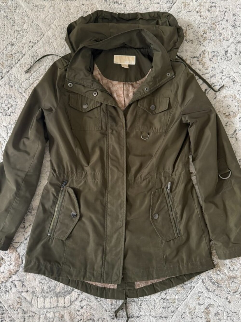 Michael Kors Olive Green Hooded Anorak Rain Jacket